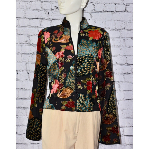 JS Collections Velvet Burnout Peacock Floral Asian Brocade Jacket Size 8 - Picture 1 of 9